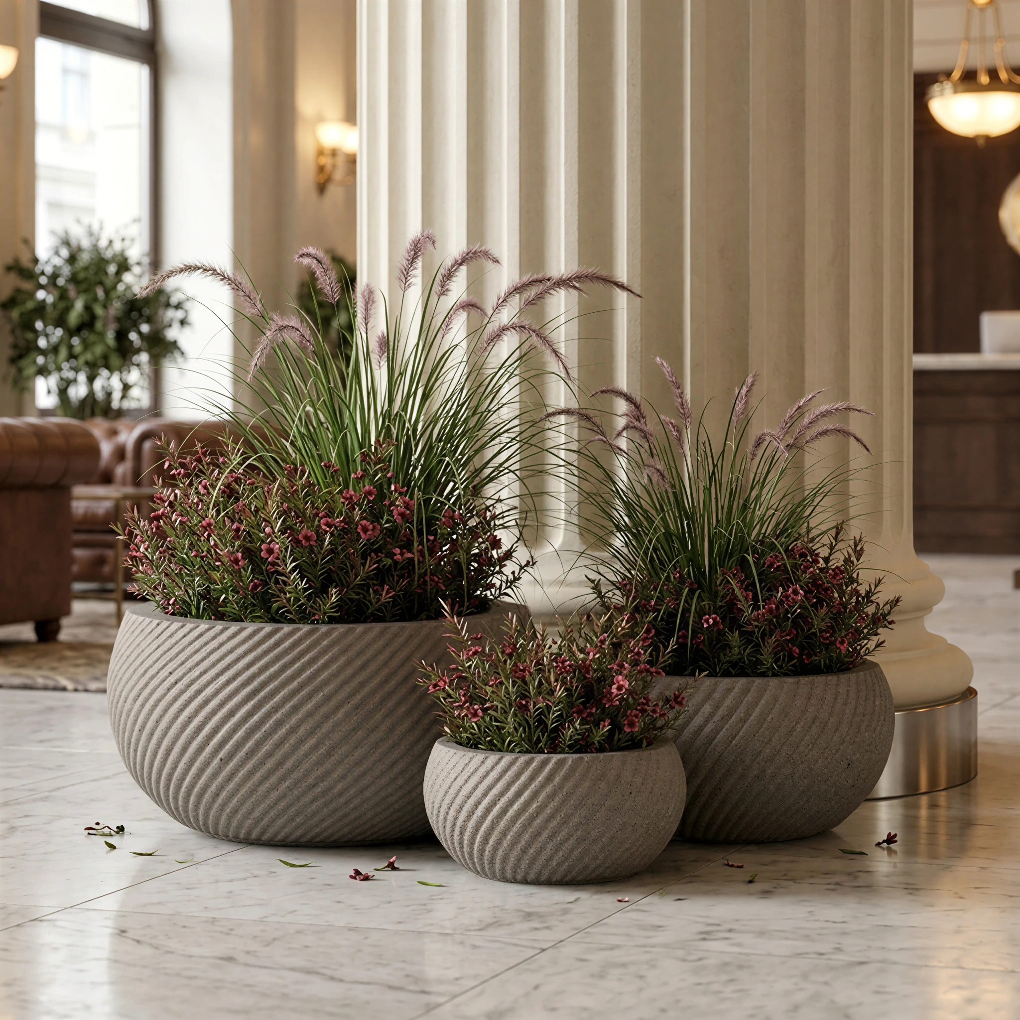 Elegant grey textured GRC bowl planters complementing classical marble columns, creating a high-end interior landscaping solution for luxury hospitality projects.